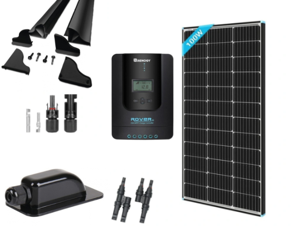 RSM0209 SOLÁRNÍ SET RENOGY 200W S 20A PWM REGULÁTOREM NABÍJENÍ, ČERNÝ - ČERNÉ DRŽÁKY